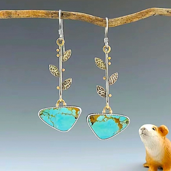 Vintage Turquoise Silver Boho Dangle Drop Earrings - Picture 2 of 4